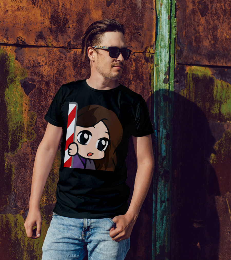 FhaeLurk Holiday Sticker Stick Kawaii Cute Character Behind Candy Cane T-Shirt