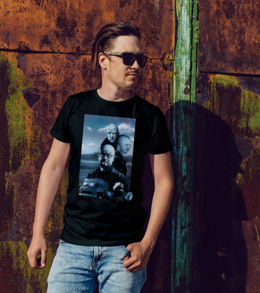 Breaking Bad Tribute Walter White Mike Ehrmantraut Jesse Pinkman RV Meth Lab Cloudy Sky T-Shirt