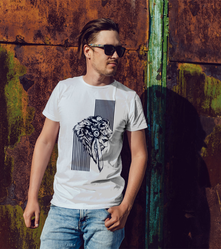 The Chief Lion Headdress Warrior Profile Stripes T-Shirt