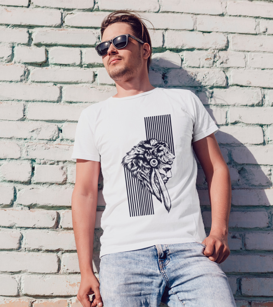 The Chief Lion Headdress Warrior Profile Stripes T-Shirt