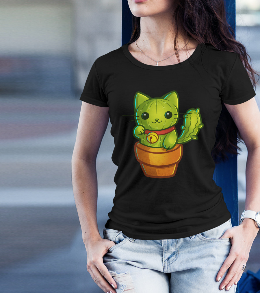 Cat Cactus Lucky Charm Fusion In Pot T-Shirt