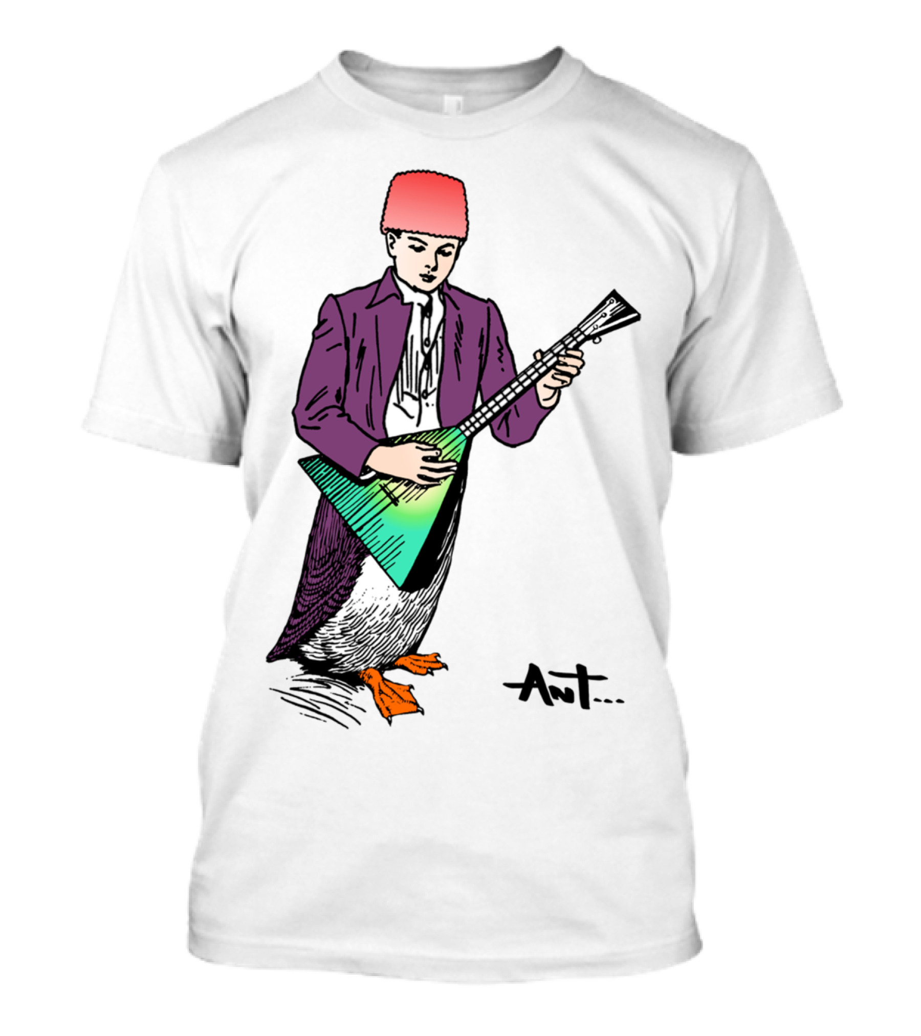 Puffin Boy Playing Balalaika In Purple Suit And Fez T-Shirt