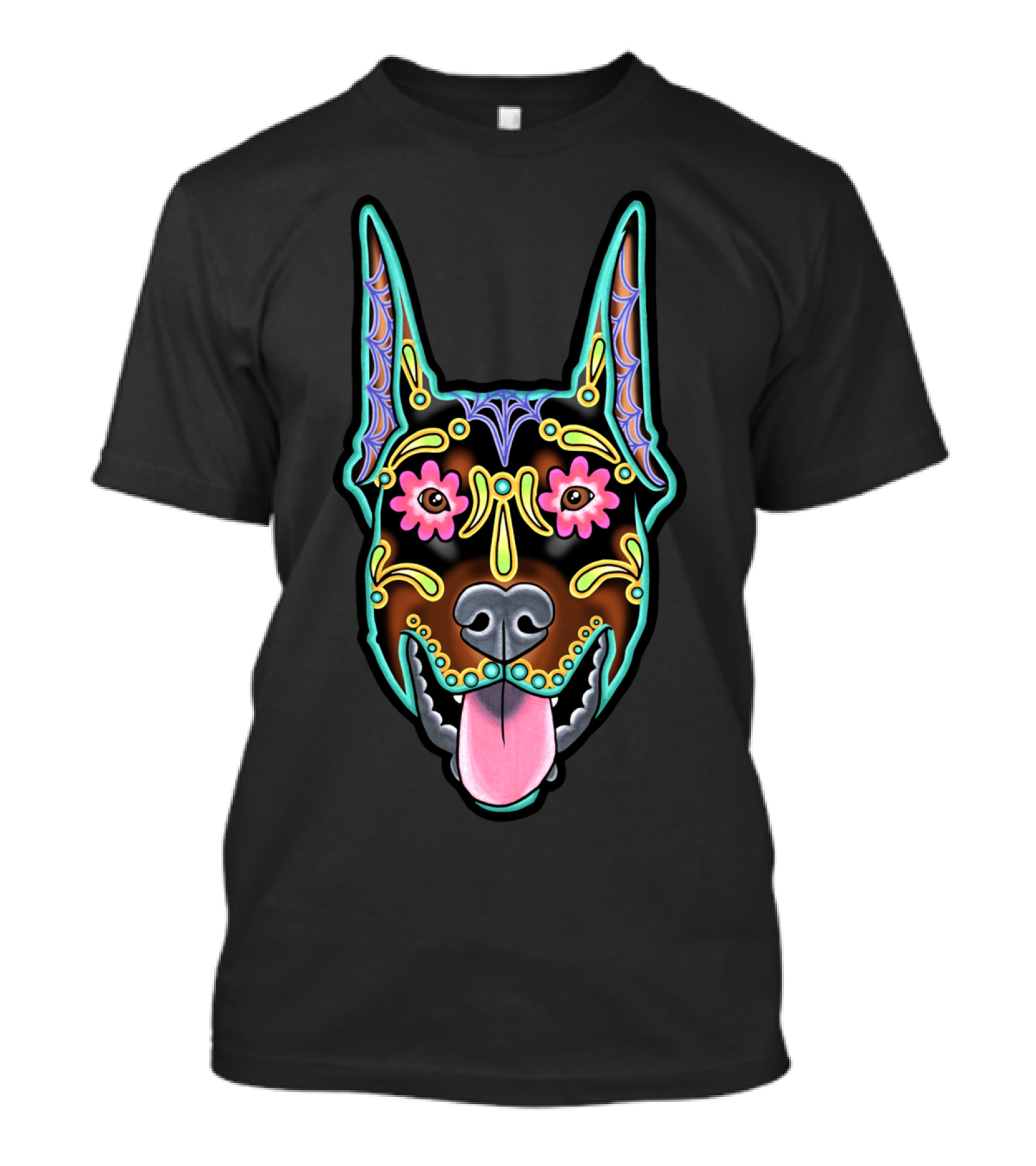 Doberman Cropped Ear Edition Day Of The Dead Colorful Sugar Skull T-Shirt