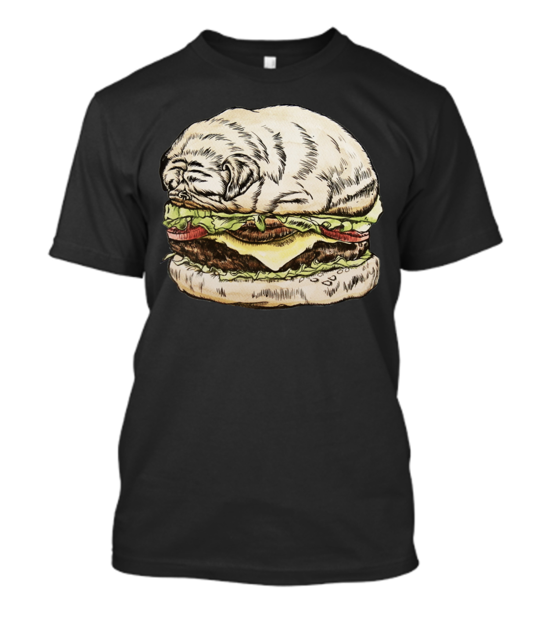 Pug Burger Sleeping On Cheeseburger Bun Lettuce Tomato T-Shirt