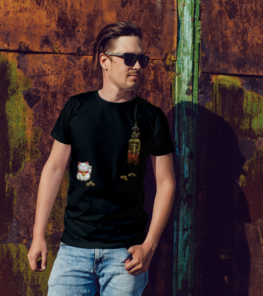 Lucky Cat With Coins And Hanging Charms T-Shirt