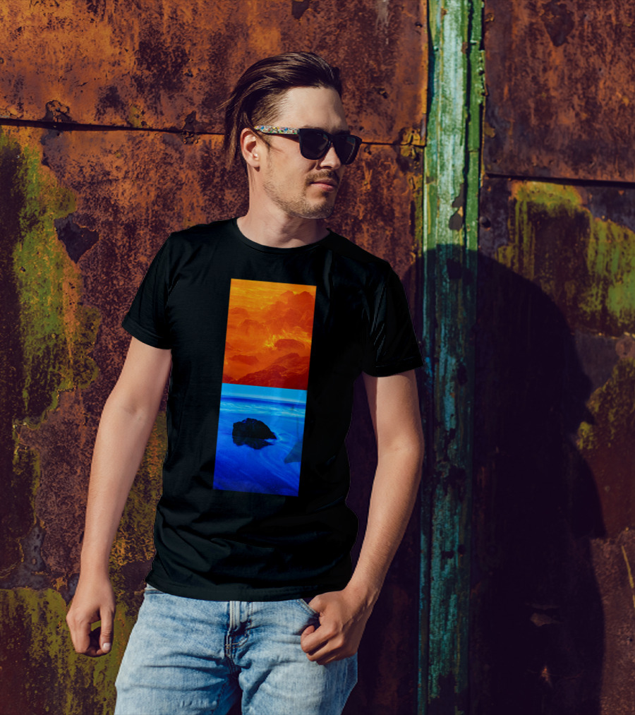 California Contrasts Fiery Mountains And Tranquil Ocean Blue T-Shirt