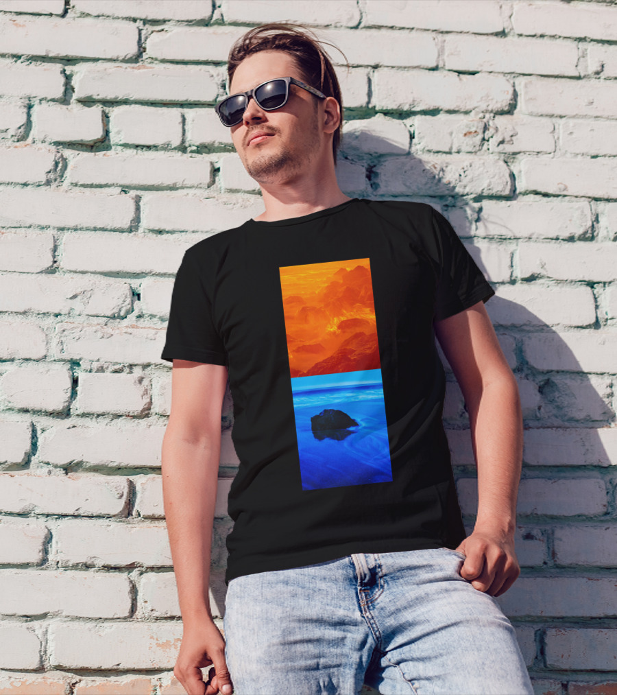 California Contrasts Fiery Mountains And Tranquil Ocean Blue T-Shirt