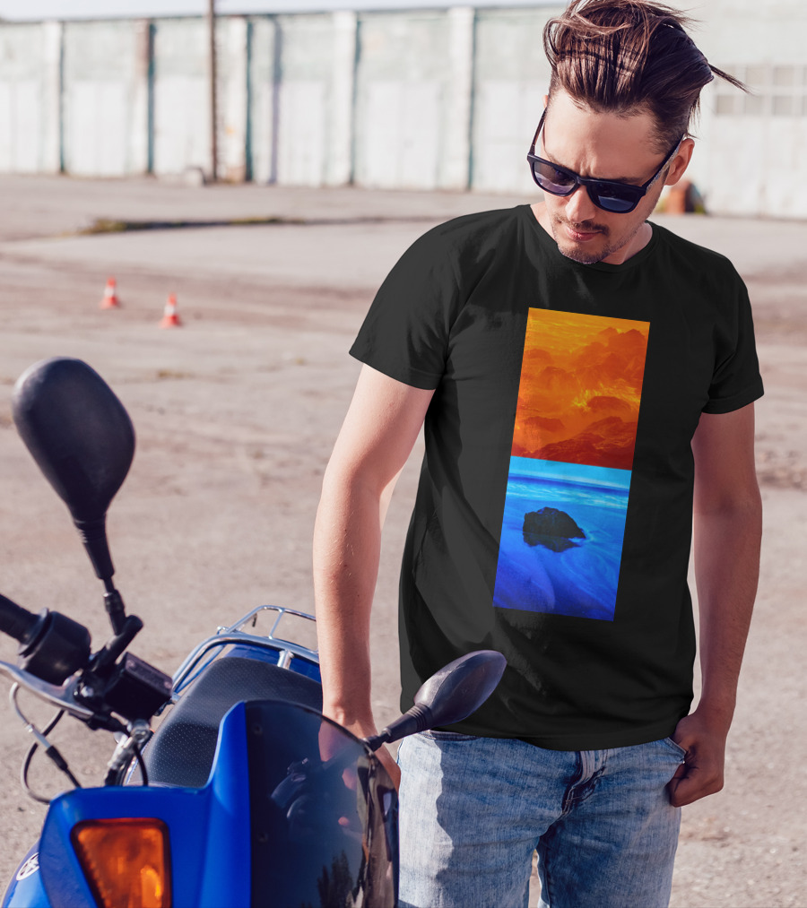 California Contrasts Fiery Mountains And Tranquil Ocean Blue T-Shirt