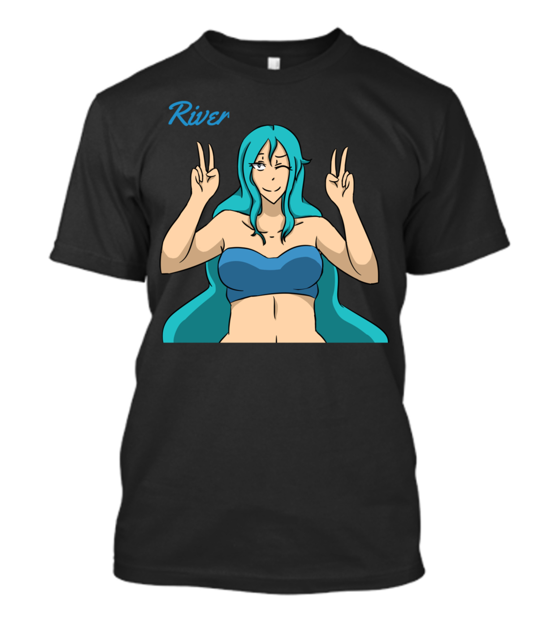 River Peace Sign Anime Character Blue Hair Winking T-Shirt