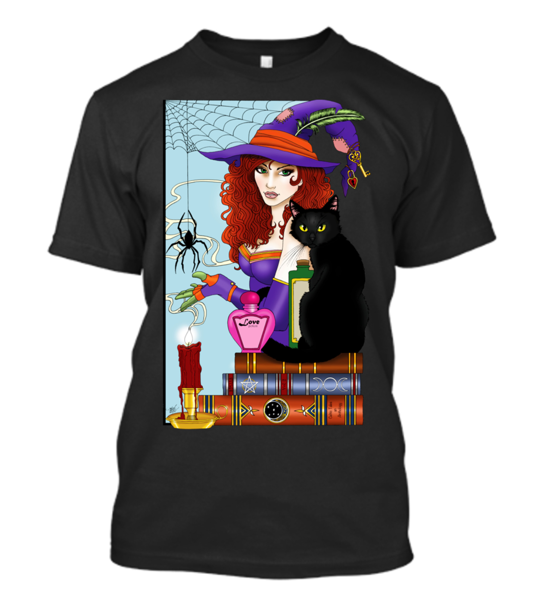 Cat Book And Candle Witch's Potion Spider Web T-Shirt