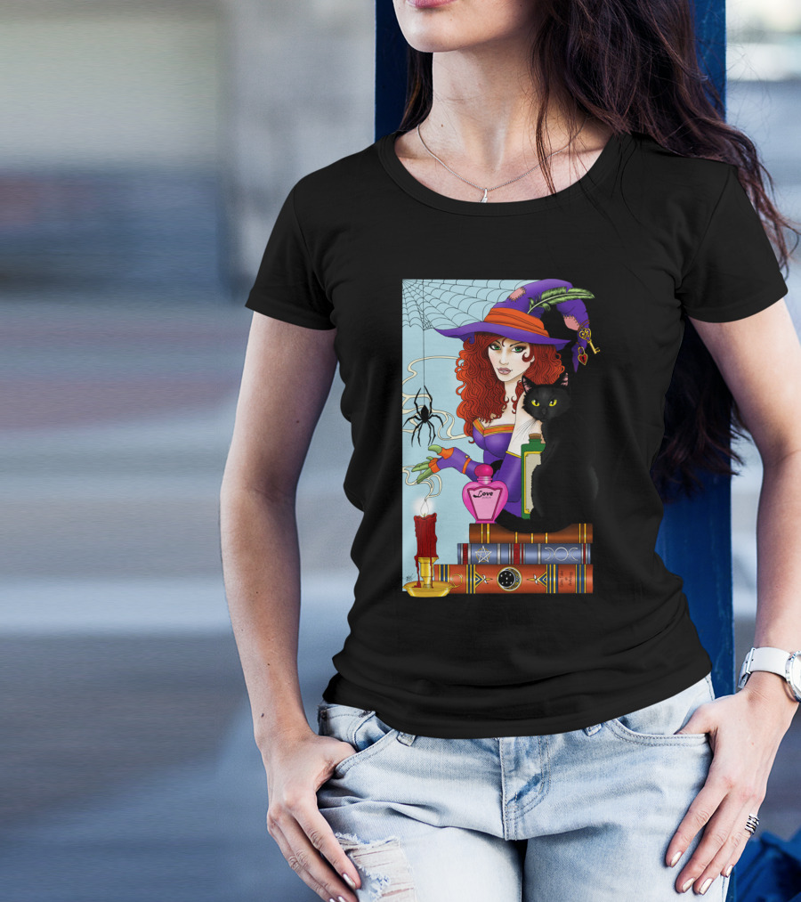 Cat Book And Candle Witch's Potion Spider Web T-Shirt