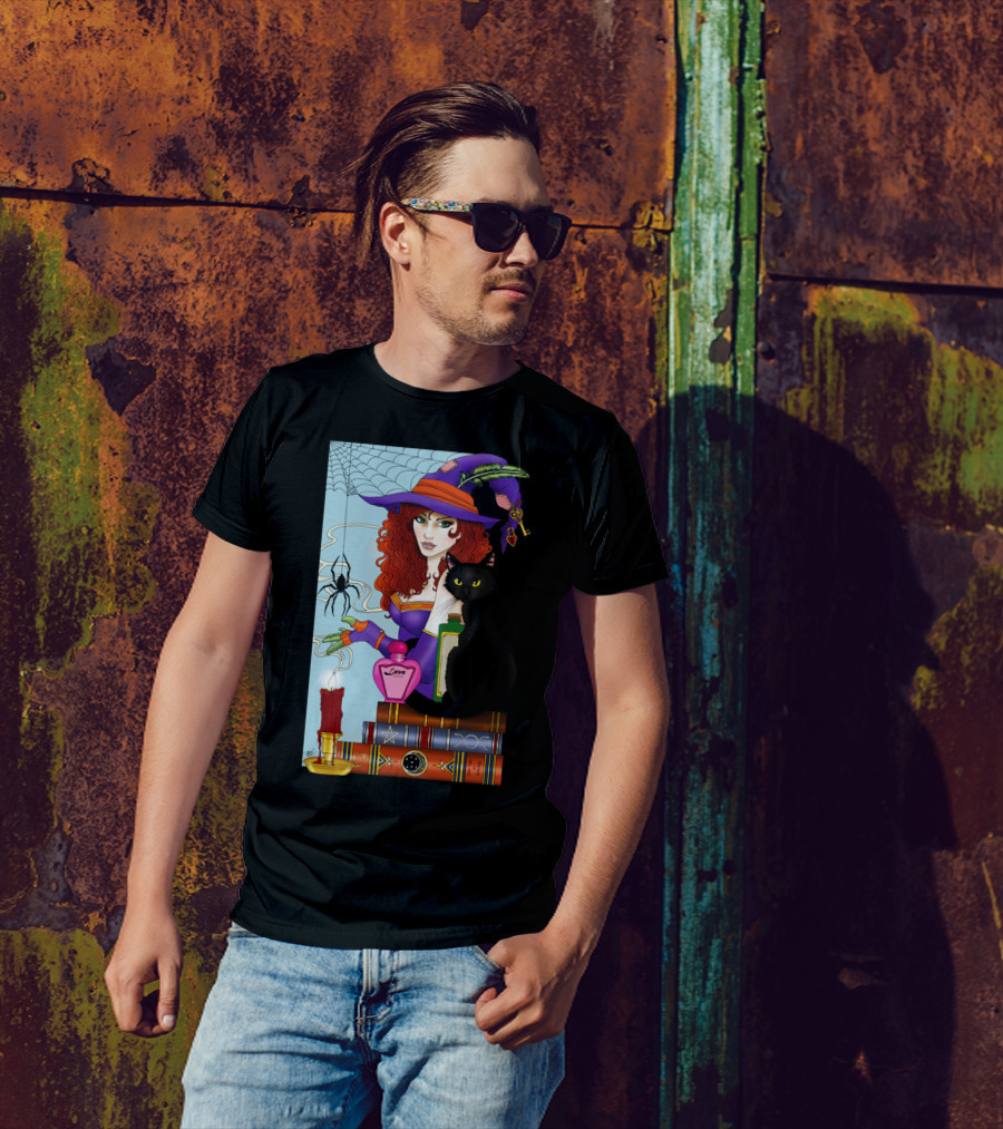 Cat Book And Candle Witch's Potion Spider Web T-Shirt
