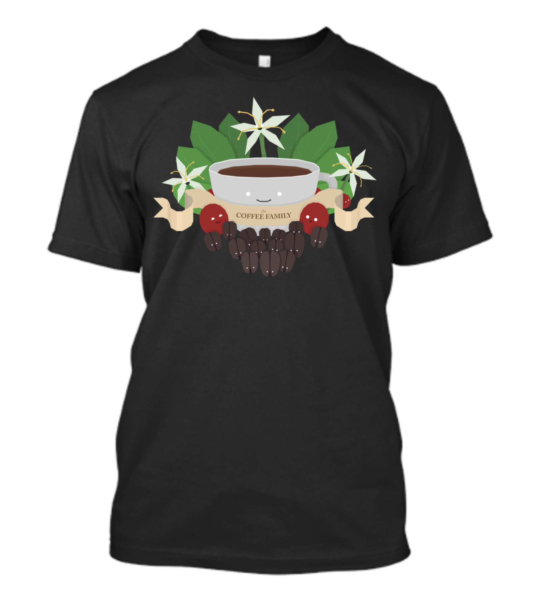Coffee Family Cup With Leaves And Beans Smiling Faces T-Shirt