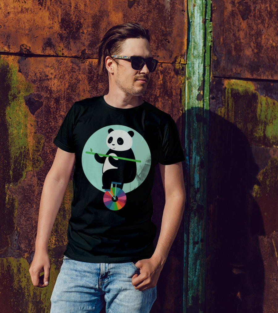 Panda Balancing On Colorful Wheel With Bamboo Learn To Balance Your Life T-Shirt