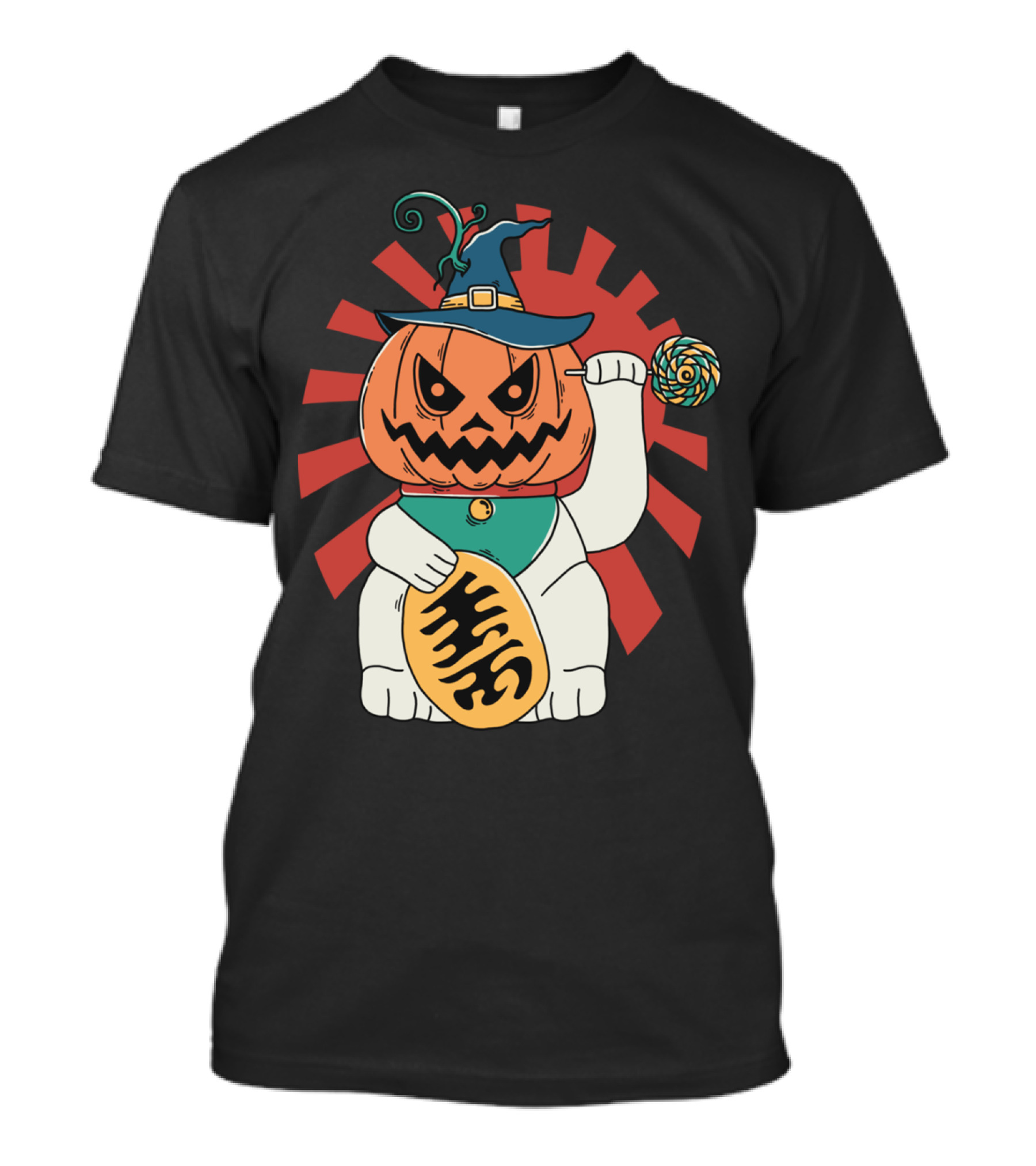 Lucky Japanese Maneki Neko Halloween Pumpkin Wizard Cat T-Shirt