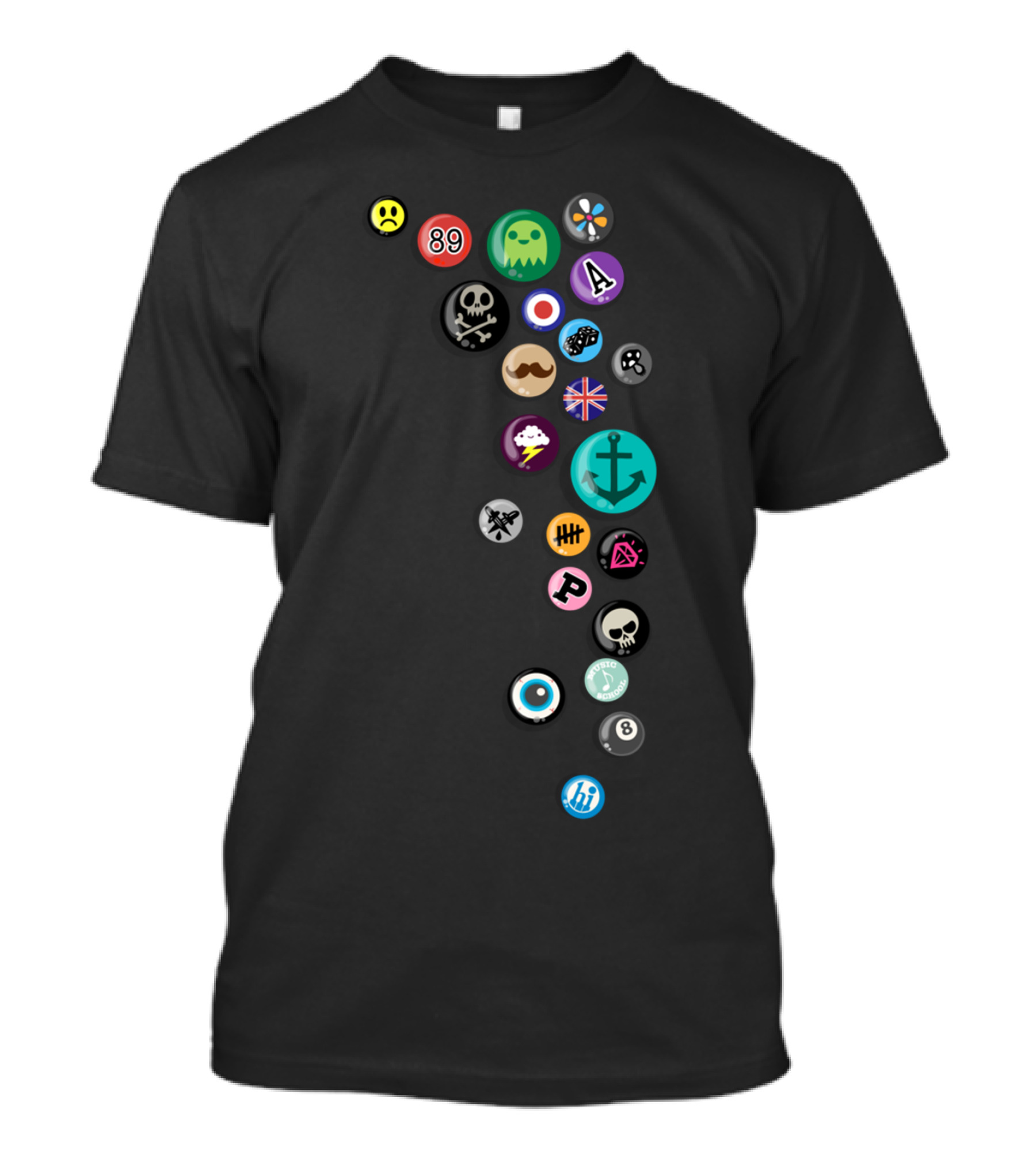 Badges Collection 89 Skulls Anchor Eye 8 Ball Ghost Mustache Symbols T-Shirt