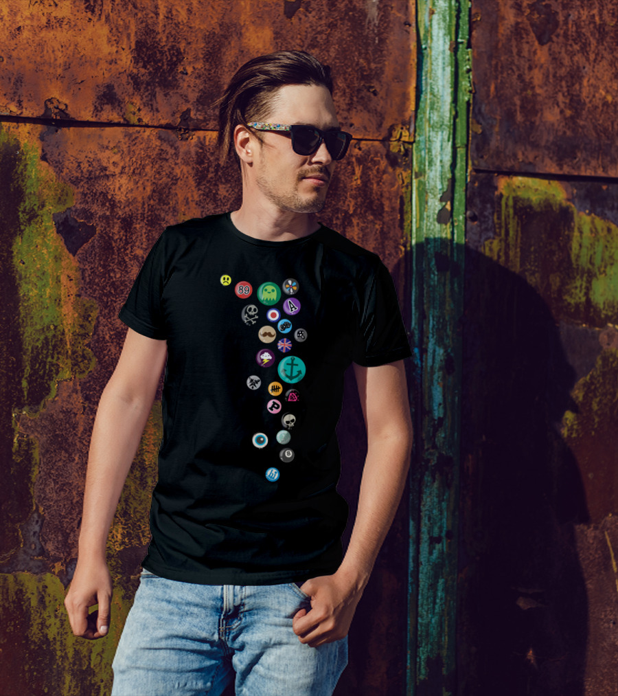 Badges Collection 89 Skulls Anchor Eye 8 Ball Ghost Mustache Symbols T-Shirt