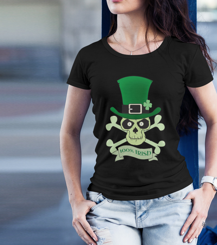 100% Irish Skull With Green Hat And Crossbones T-Shirt