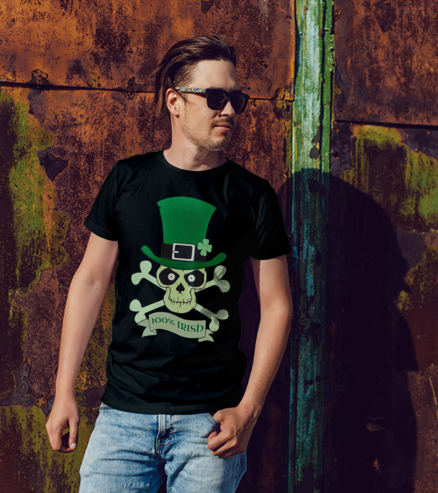 100% Irish Skull With Green Hat And Crossbones T-Shirt