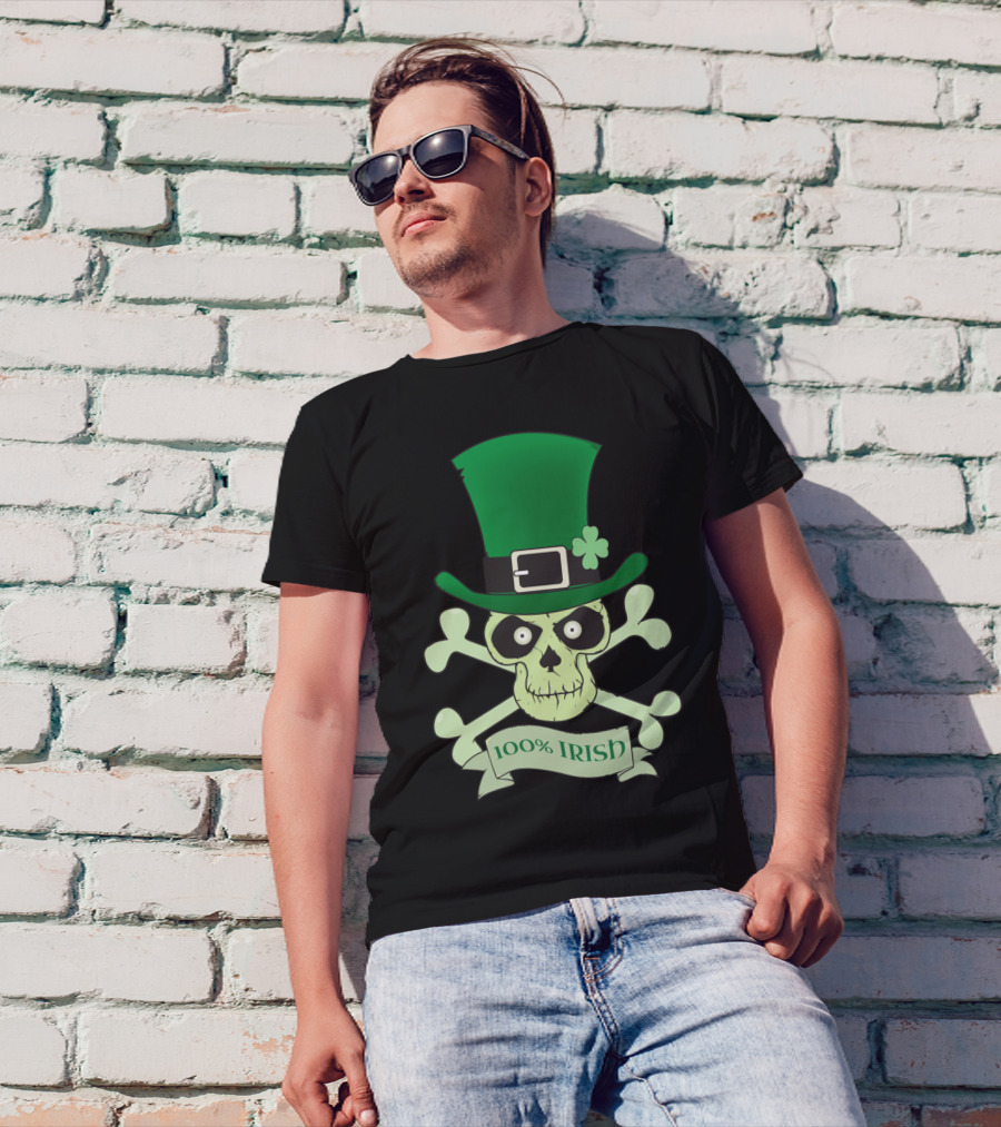 100% Irish Skull With Green Hat And Crossbones T-Shirt