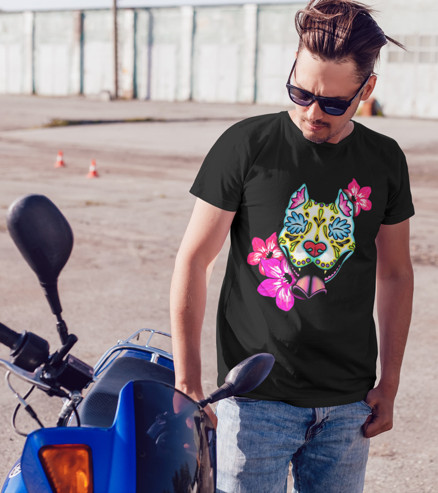 Slobbering Day Of The Dead Pit Bull With Flowers T-Shirt