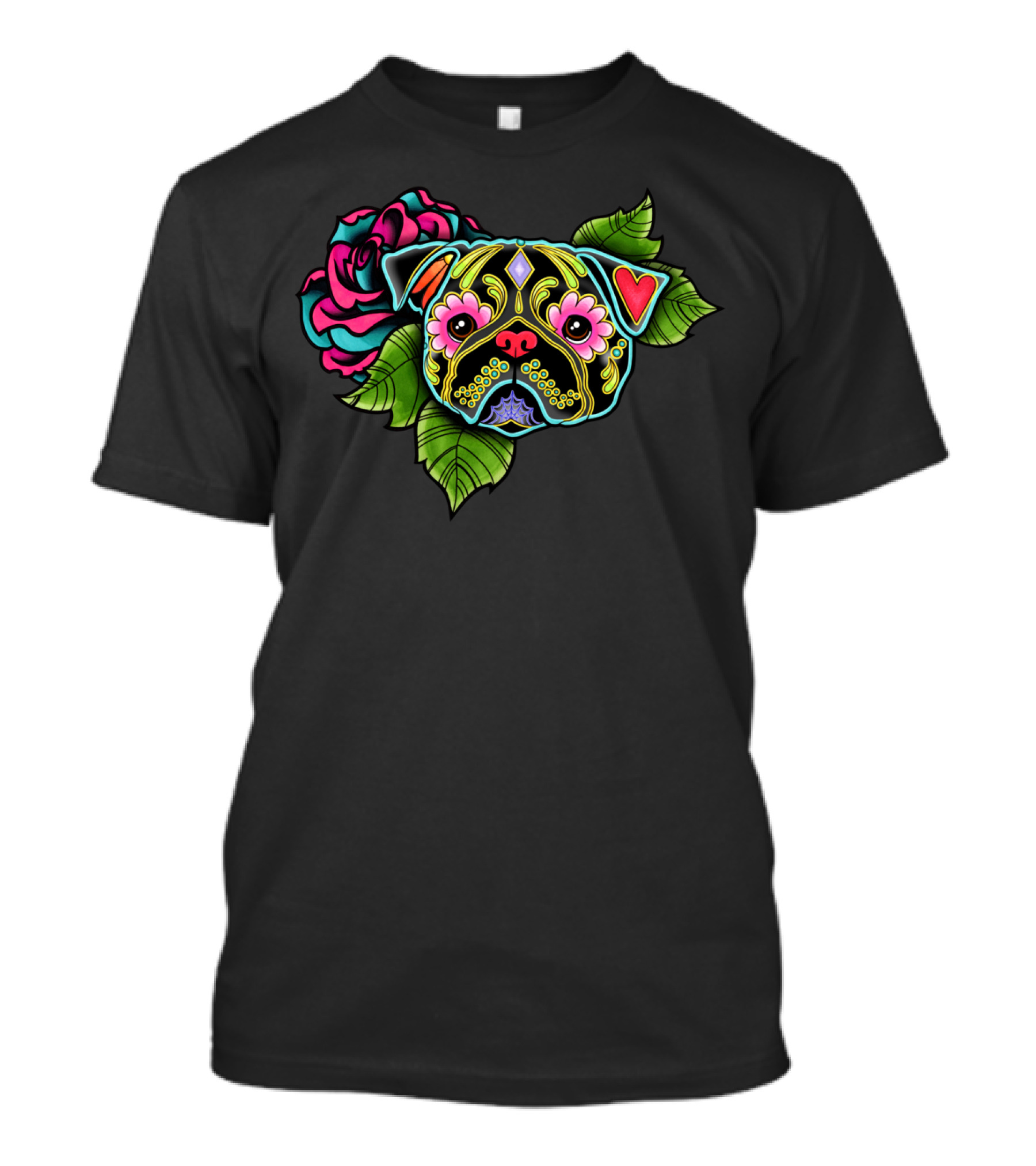 Day Of The Dead Sugar Skull Pug With Colorful Floral T-Shirt