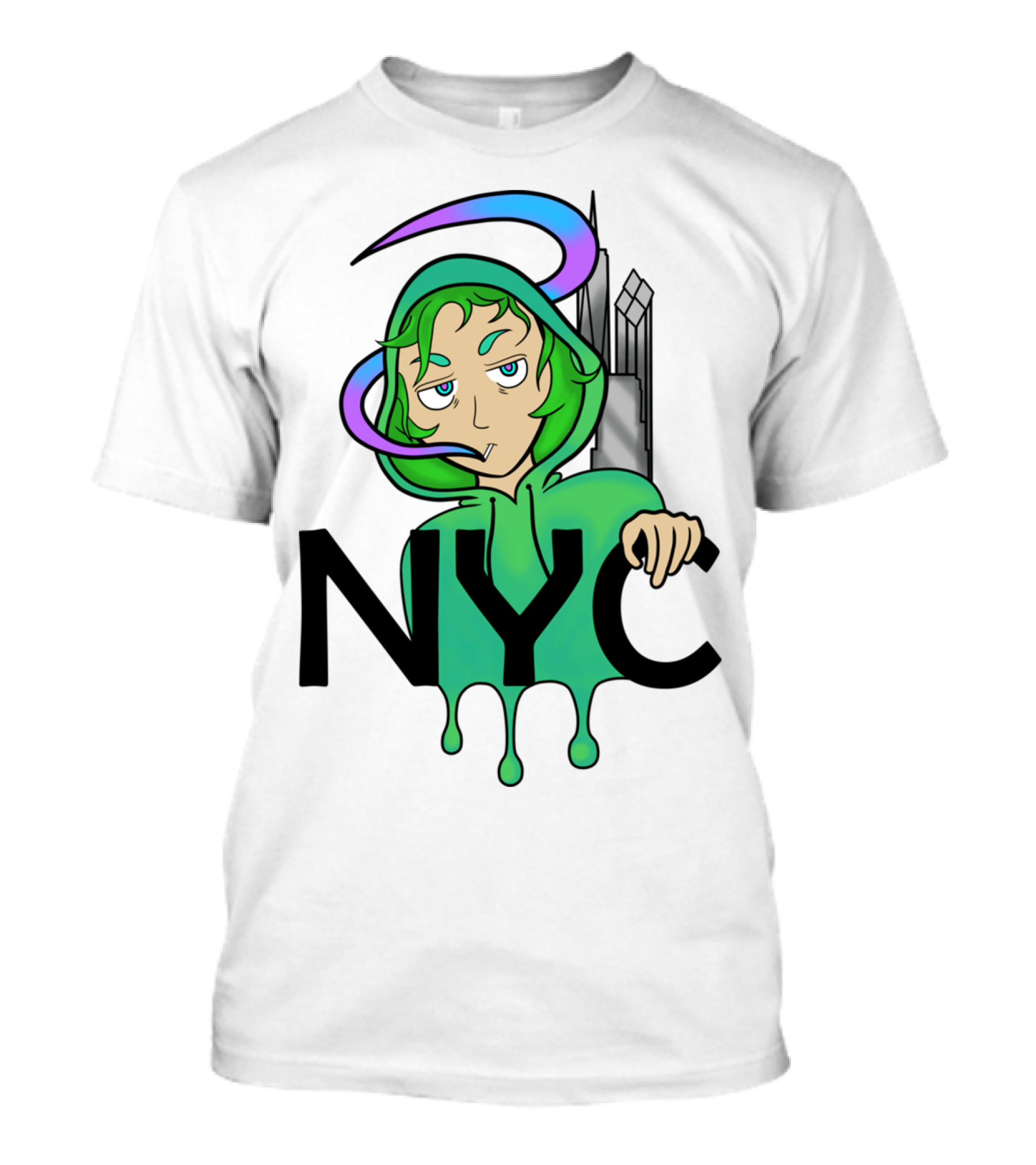 NYC Drip Green Hoodie Anime Style With City Skyline T-Shirt