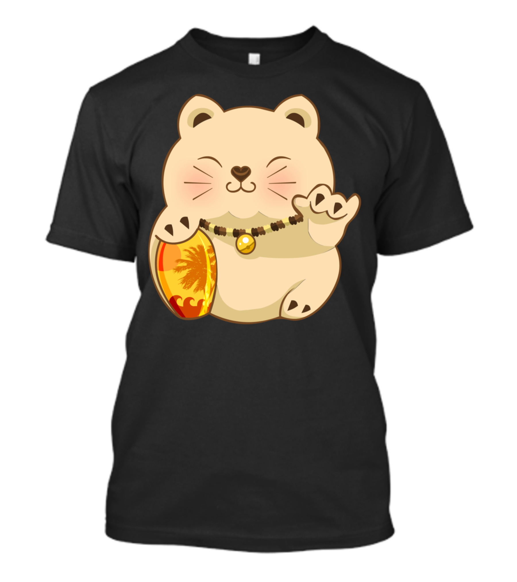 LUCKY SHAKA CHILLING CAT WITH SURFBOARD AND BEADED NECKLACE T-Shirt