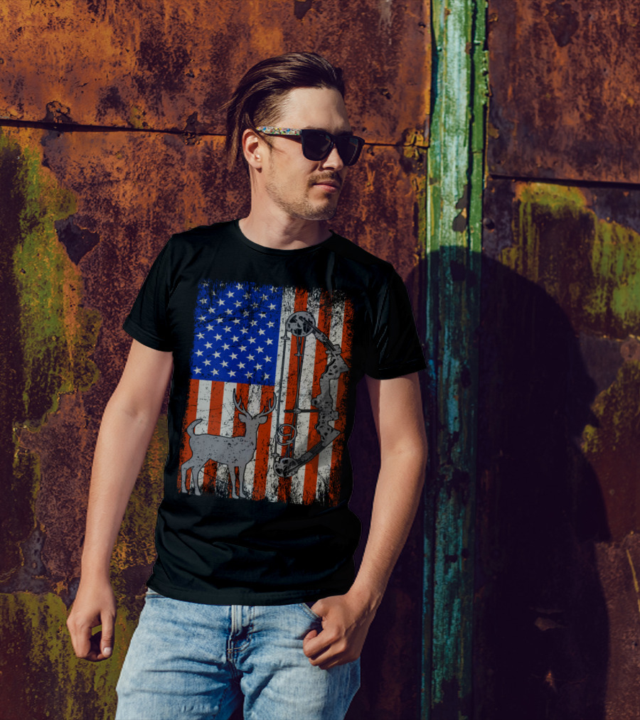 American Flag Deer Hunter With Bow Hunting Iconic T-Shirt