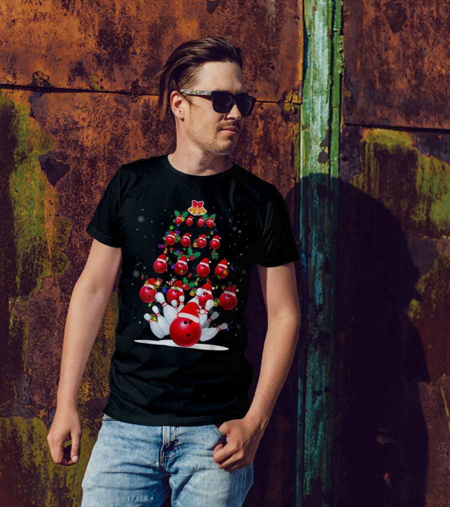 Bowling Balls Santa Hats Christmas Tree Holiday Lights Snowflakes T-Shirt