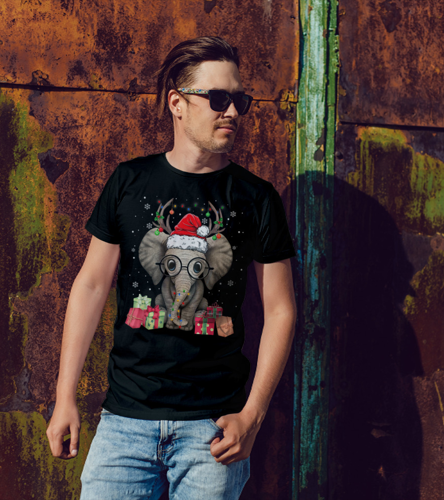 Christmas Cute Elephant Santa Reindeer With Gifts And Snowflakes T-Shirt