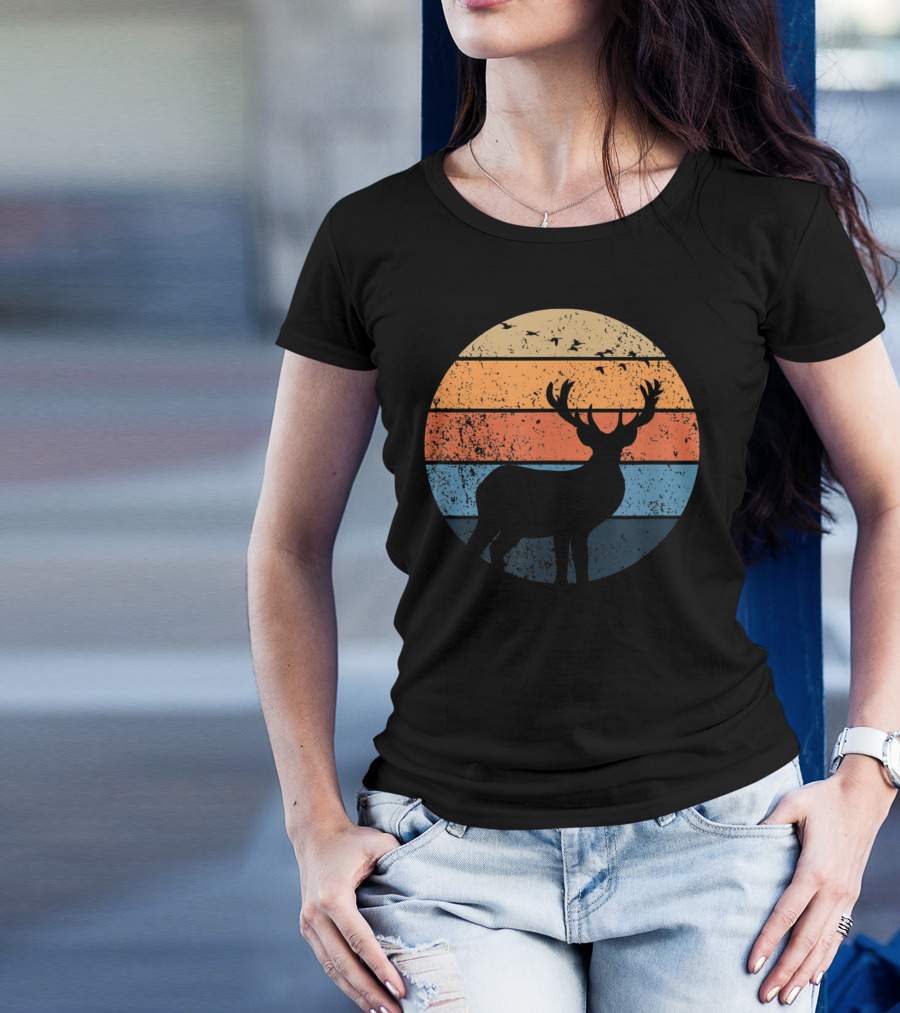 Deer Hunters Vintage Sunset Silhouette With Flying Birds T-Shirt
