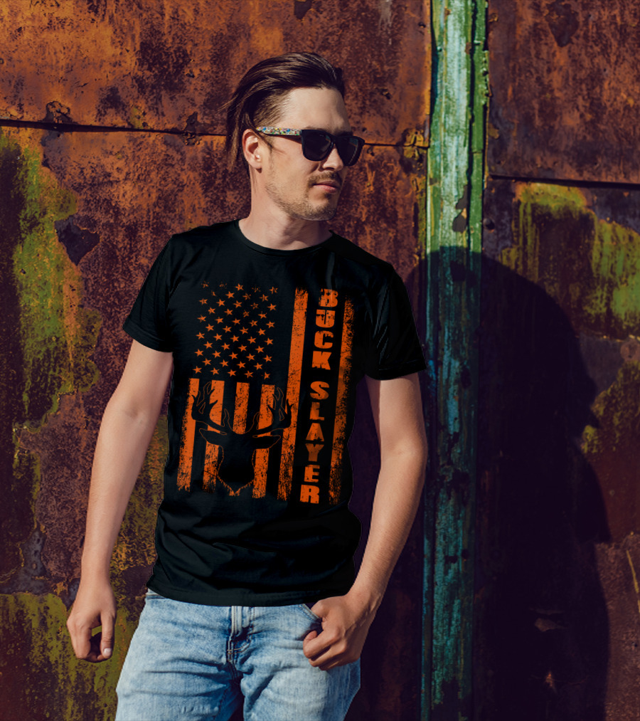Buck Slayer Blaze Orange Deer American Flag T-Shirt