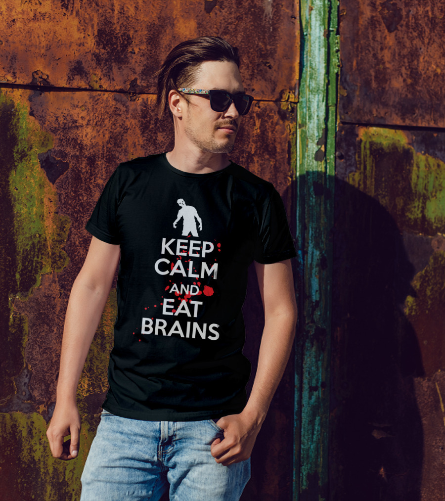 Keep Calm And Eat Brains Zombie Blood Splatter T-Shirt