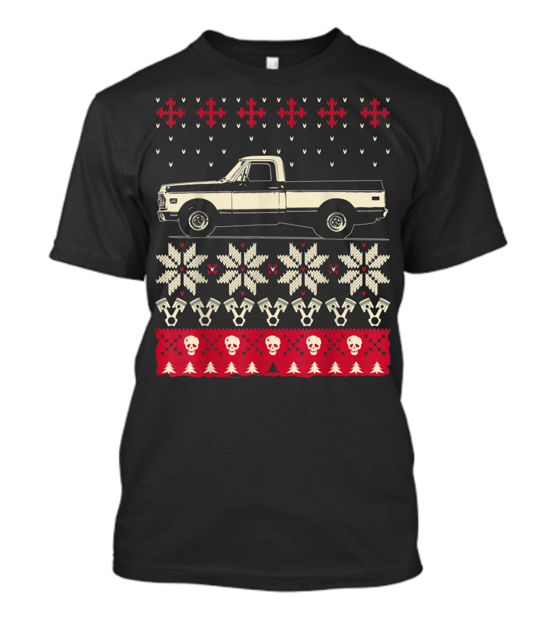 Ugly Christmas Classic American Pickup Vintage Truck Snowflakes Skulls And Trees T-Shirt