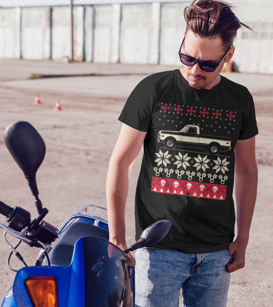 Ugly Christmas Classic American Pickup Vintage Truck Snowflakes Skulls And Trees T-Shirt