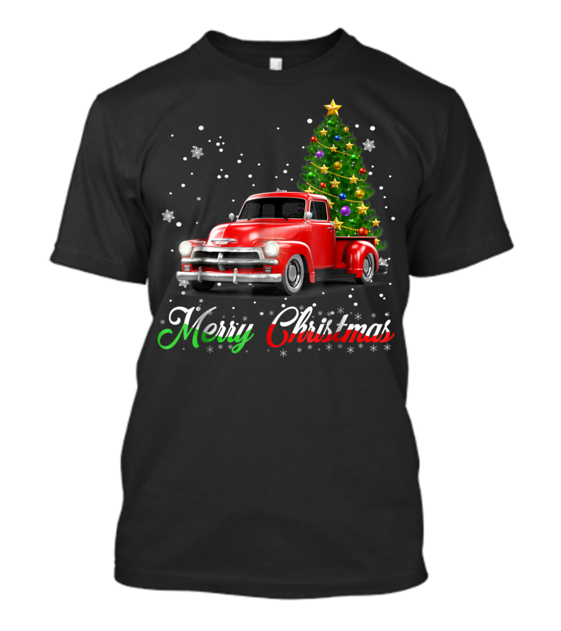 Merry Christmas Vintage Red Truck With Snow And Decorated Tree T-Shirt