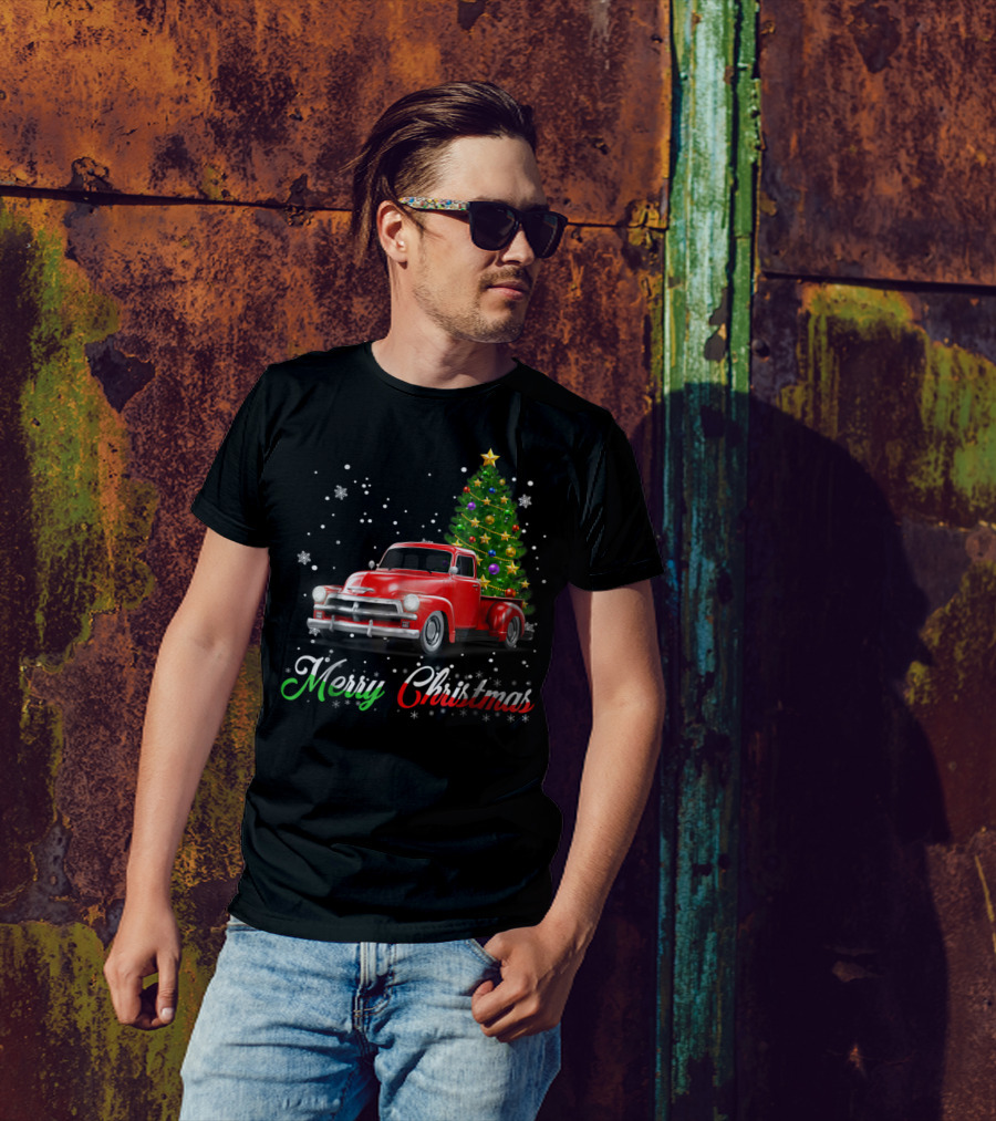 Merry Christmas Vintage Red Truck With Snow And Decorated Tree T-Shirt