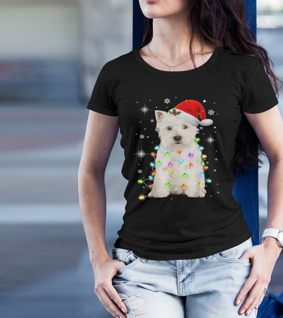 Santa Hat West Highland White Terrier Christmas Lights T-Shirt