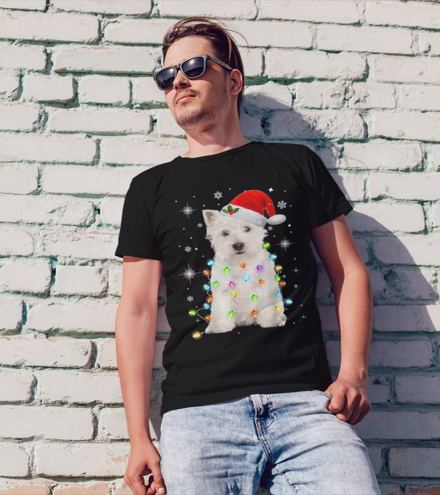 Santa Hat West Highland White Terrier Christmas Lights T-Shirt