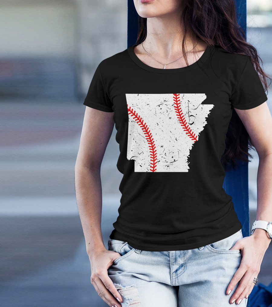 Arkansas Baseball State Outline Red Seam T-Shirt