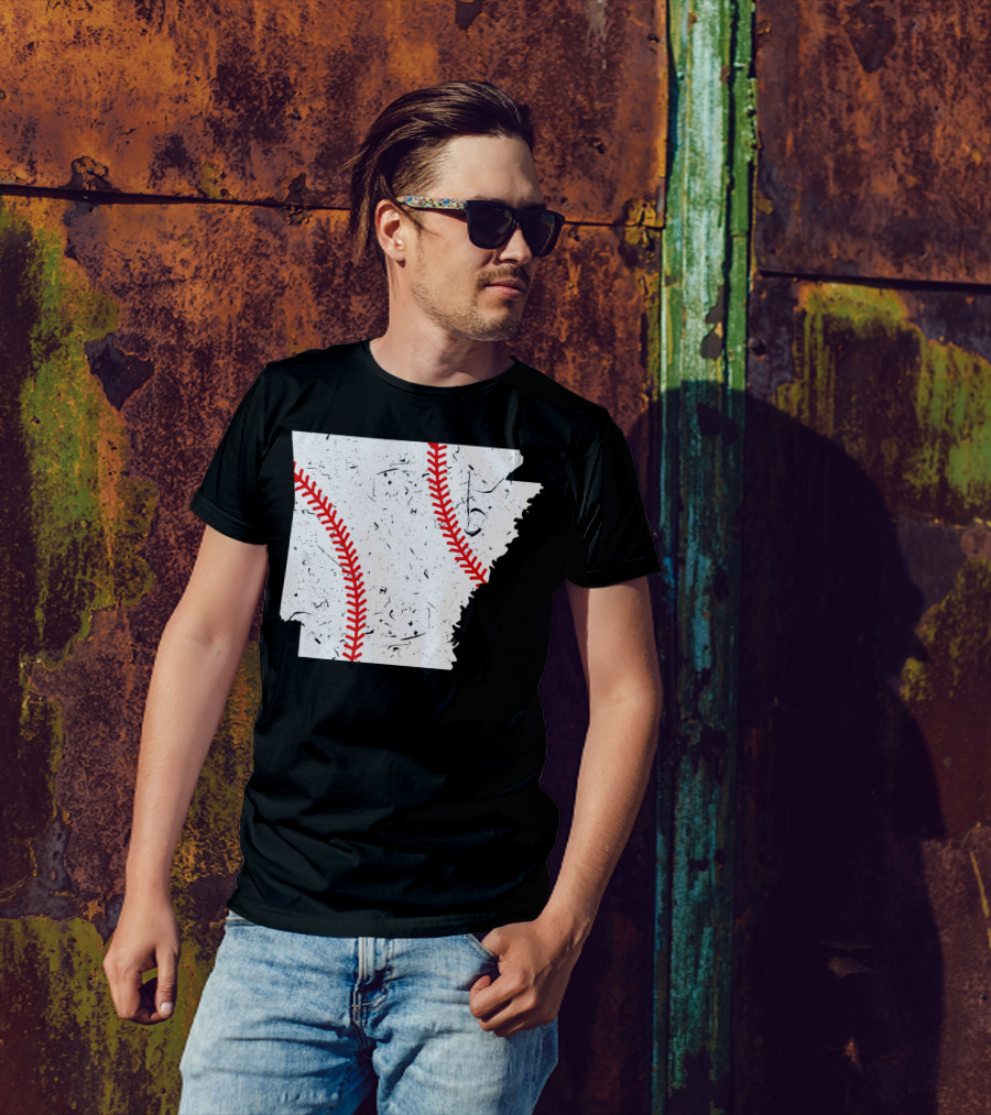 Arkansas Baseball State Outline Red Seam T-Shirt