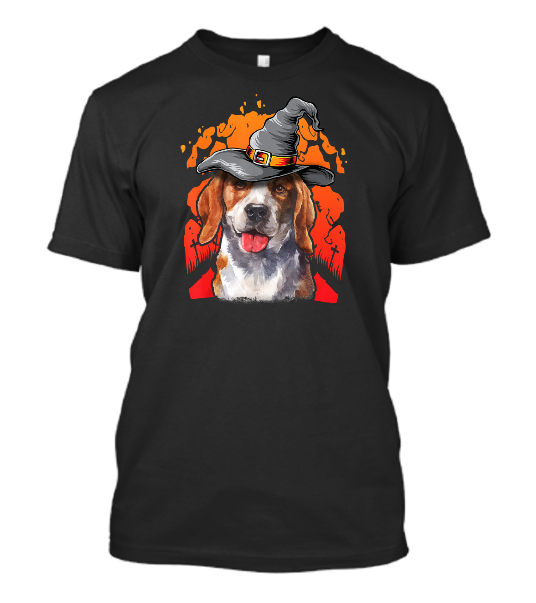 Halloween Beagle Witch Hat Spooky Graveyard Scene T-Shirt