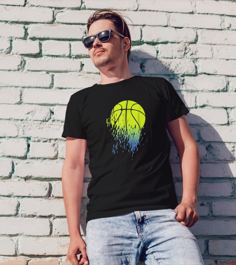 Disintegrating Neon Green Basketball Urban Pixel Burst T-Shirt