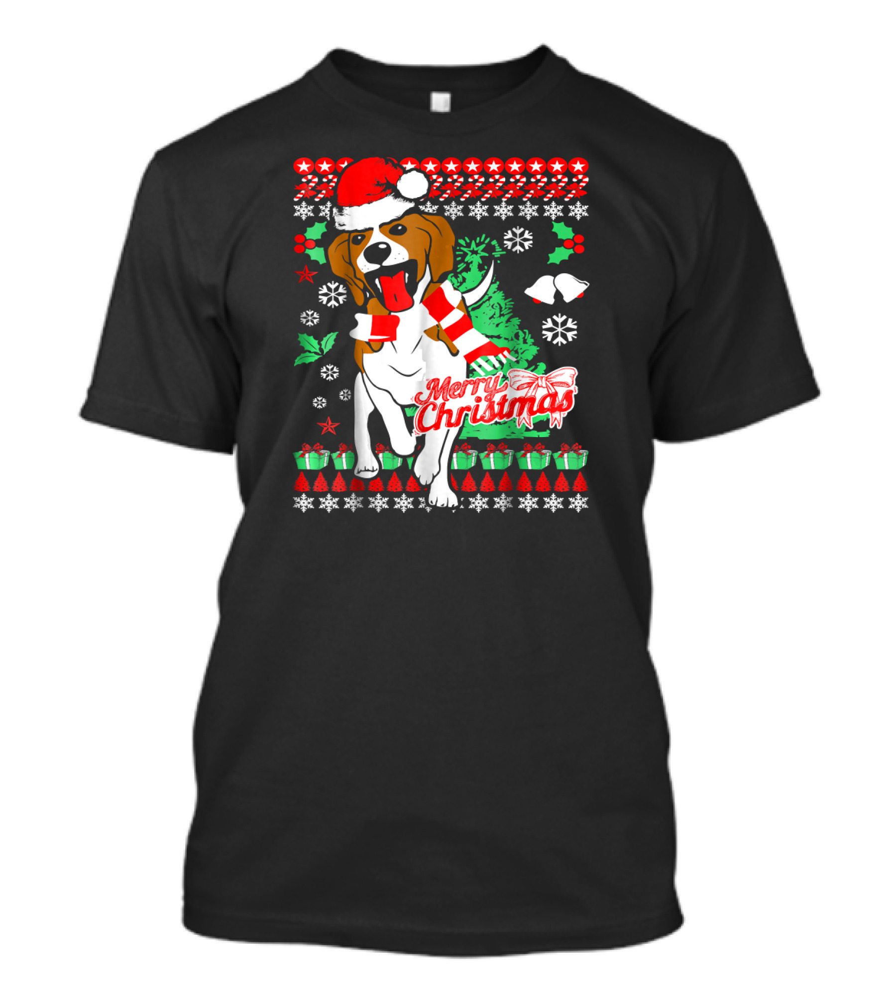 Merry Christmas Beagle Dog Santa Hat And Scarf Snowflakes Holiday T-Shirt