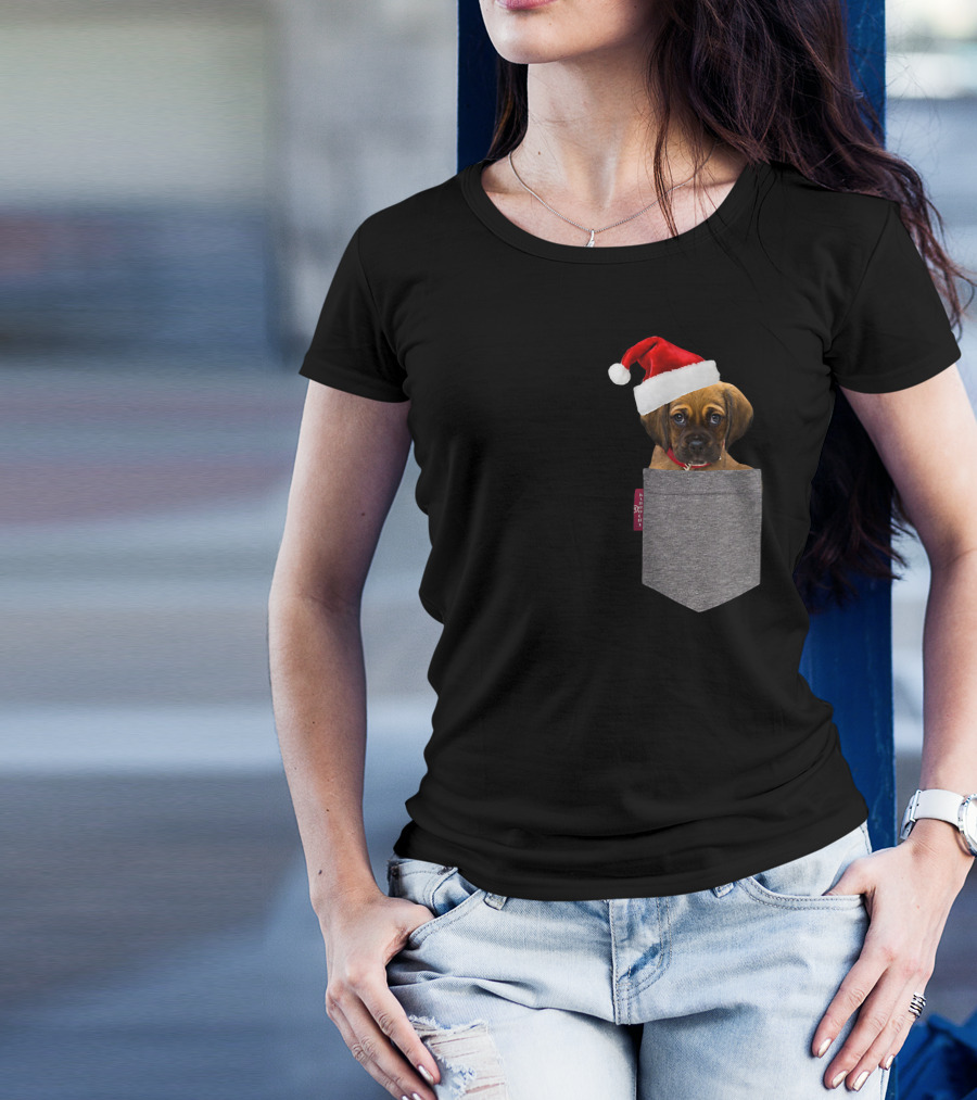 Santa Hat Funny Puggle In A Pocket Cute Beagle Pug T-Shirt