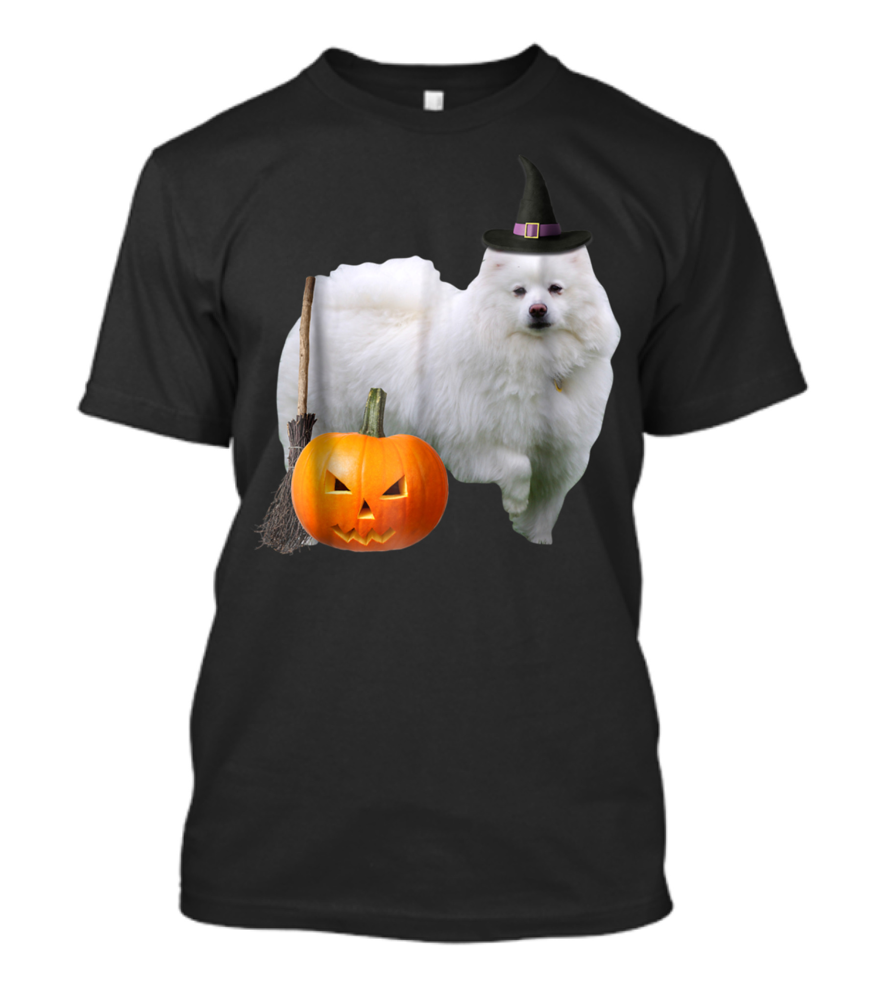American Eskimo Witch Hat Broom Jack-O'-Lantern Halloween Dog T-Shirt