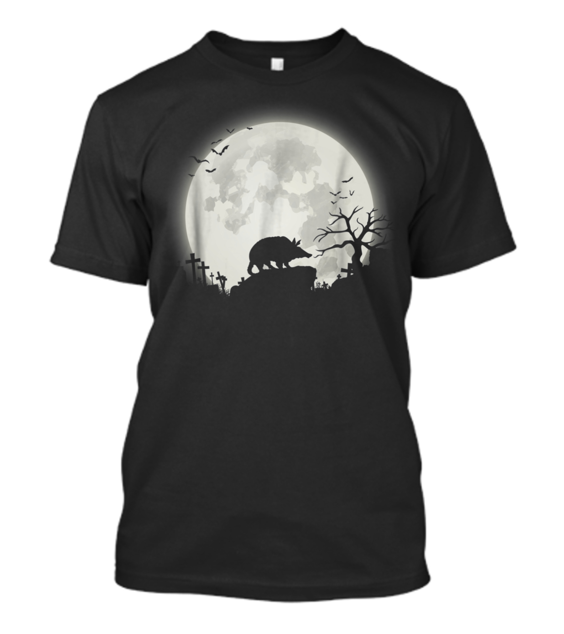 Armadillo Silhouette Against Full Moon In Spooky Graveyard Scene T-Shirt