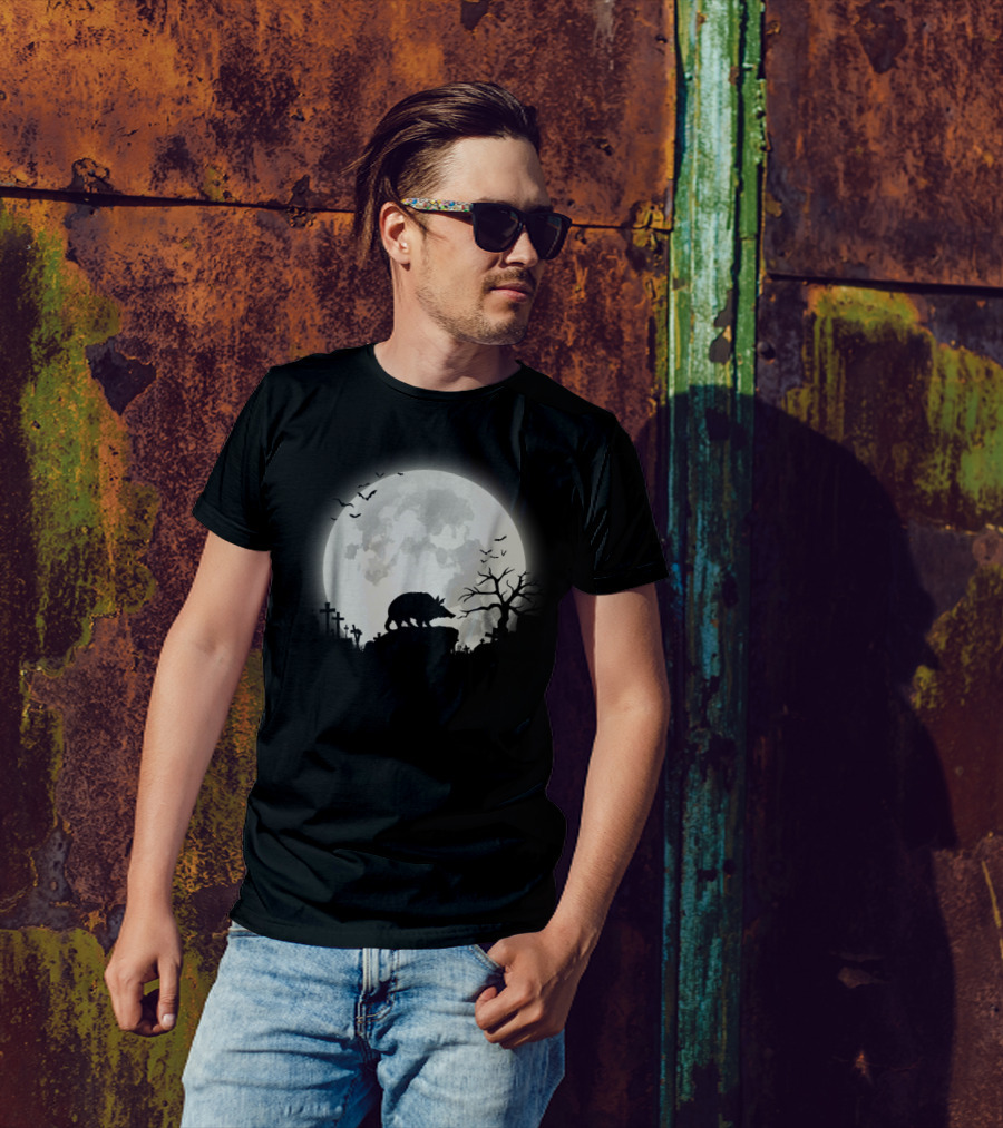 Armadillo Silhouette Against Full Moon In Spooky Graveyard Scene T-Shirt