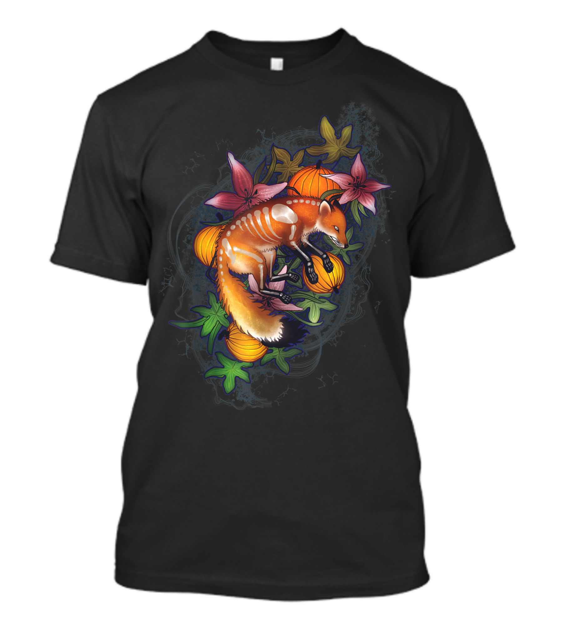 Artistic Skeleton Red Fox With Pumpkins And Flowers Unique Autumn T-Shirt